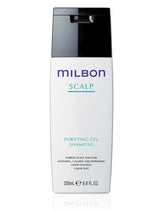 Milbon Scalp Purifying Gel Shampoo bottle pour, cleansing buildup on scalp and hair.