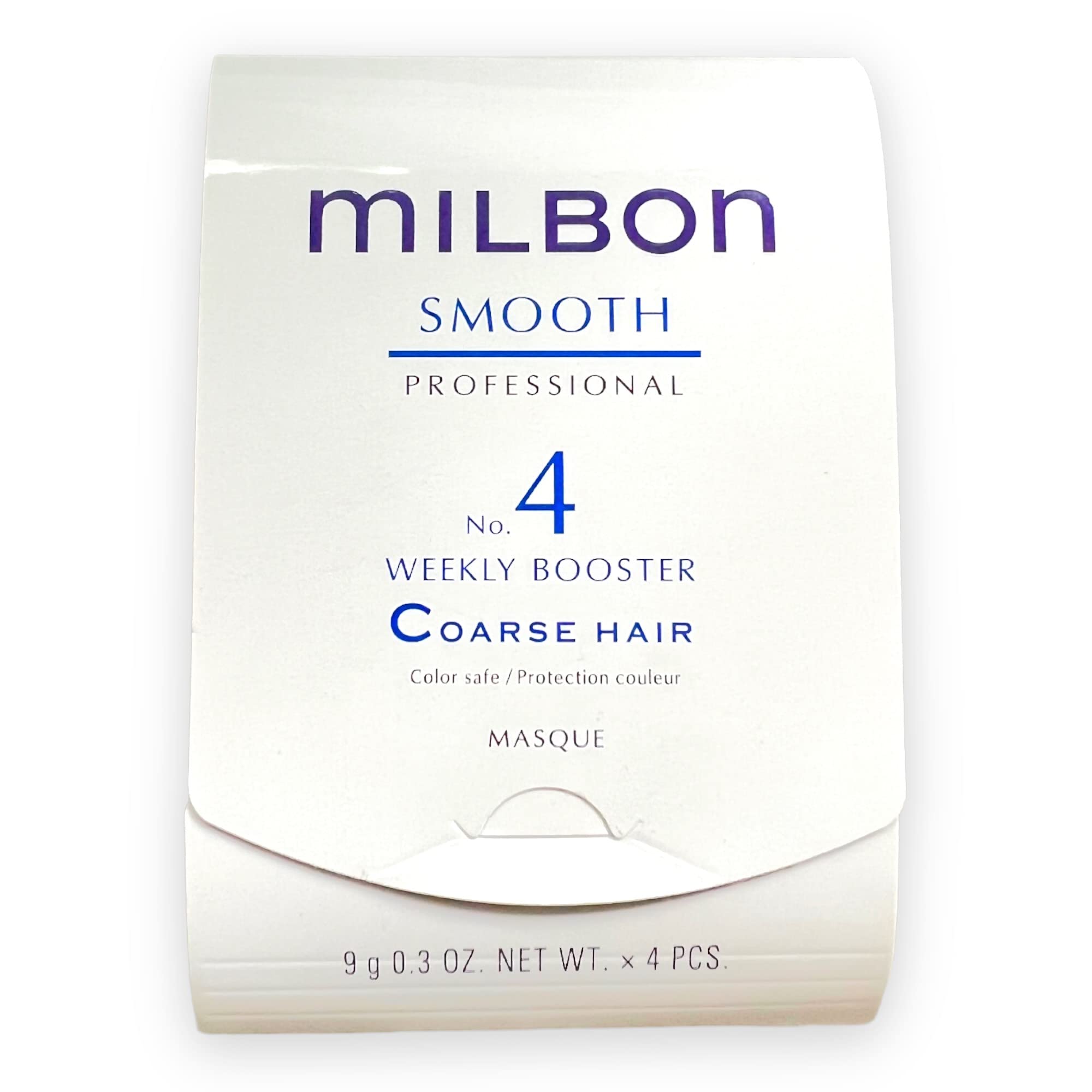 Milbon Smooth No.4 Weekly Booster bottle with top view showing four vials for coarse hair care
