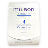 Milbon Smooth No.4 Weekly Booster bottle with top view showing four vials for coarse hair care