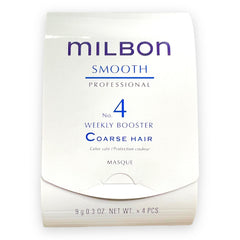 Milbon Smooth No.4 Weekly Booster bottle with top view showing four vials for coarse hair care