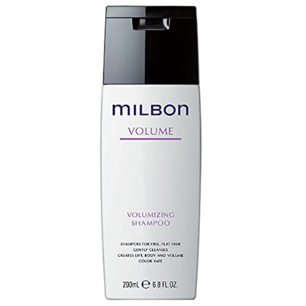 Milbon Volumizing Shampoo bottle pouring to show cleansing action and prepared-for-styling body.