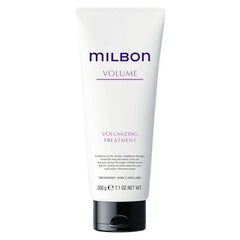 Milbon Volumizing Treatment Conditioner being worked through hair enhances softness and bounce.