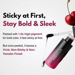 MILKTOUCH pigment-boosted formula delivers rich pink, red, or brown tones on lips.