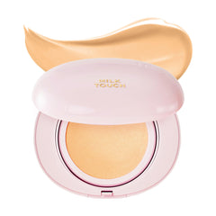 MILKTOUCH Cushion Foundation compact open showing silky texture and even coverage for on-the-go touch-ups