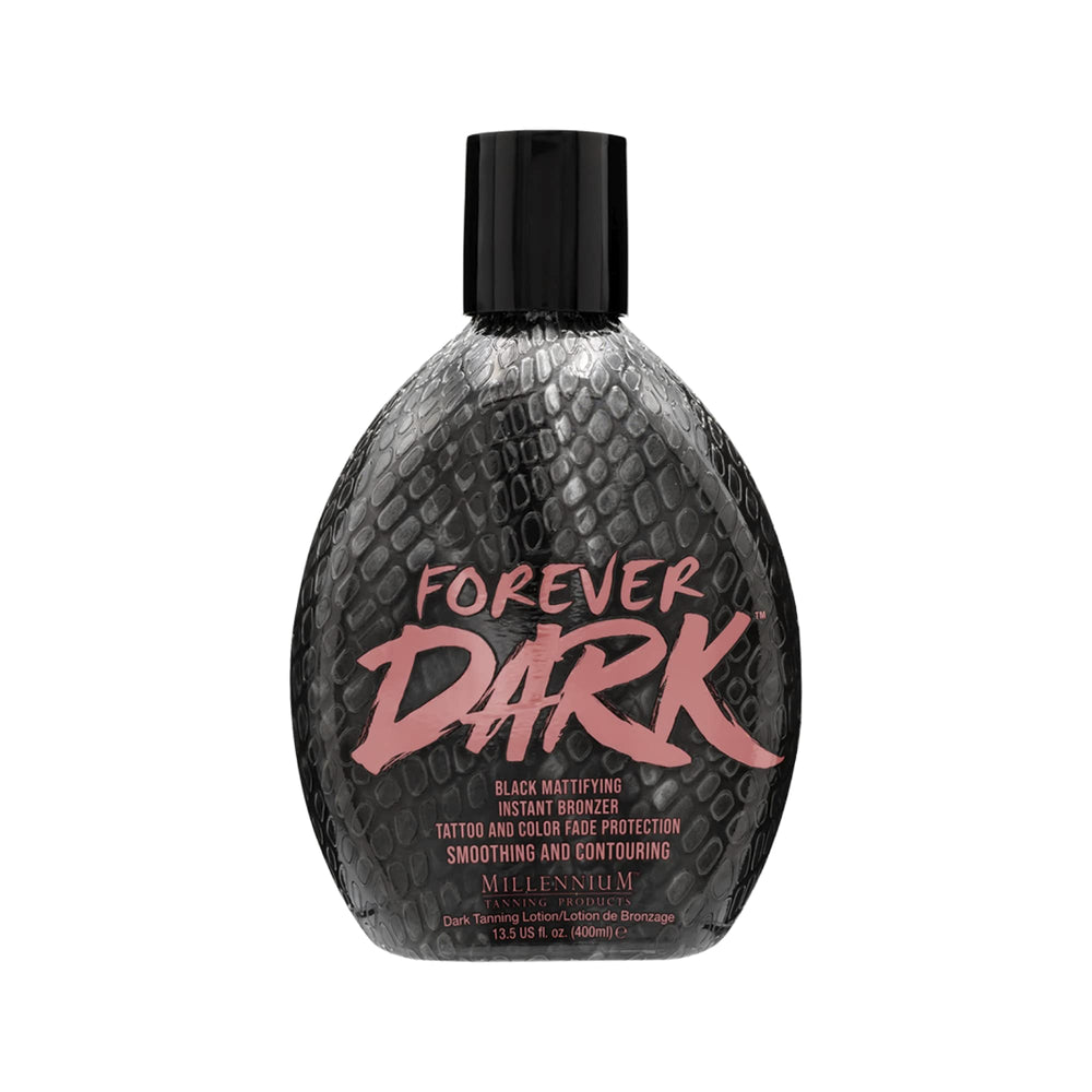 Millennium Tanning Forever Dark bottle close-up shows instant bronzing and rich color.