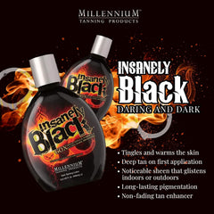 Closeup of Millennium Tanning Insanely Black 60x bottle showing premium texture