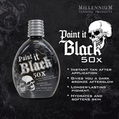Millennium Tanning Paint It Black 50x lotion application showing deep color potential.