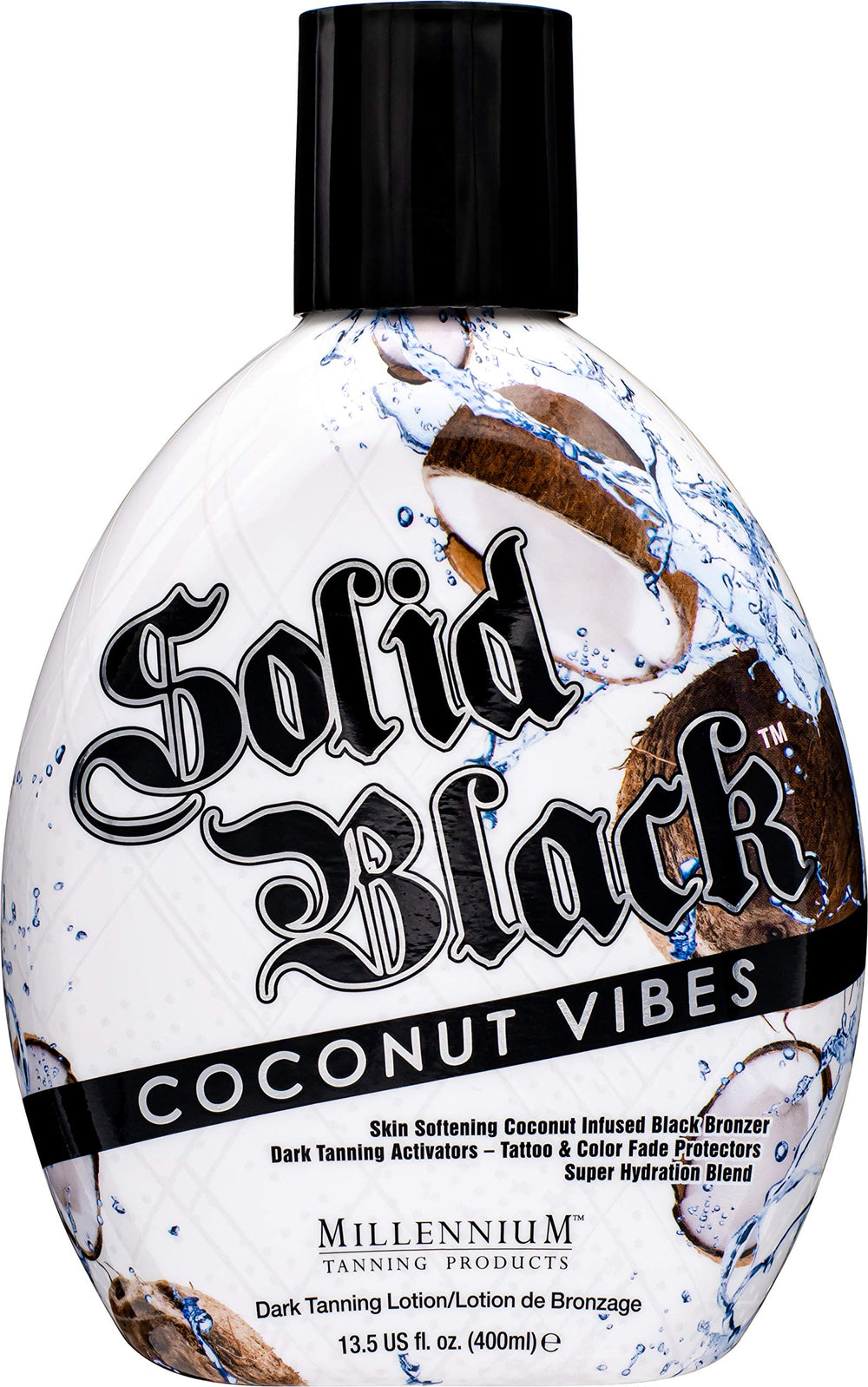 Millennium Tanning Solid Black Coconut Vibes bronzer for a deep tan glow