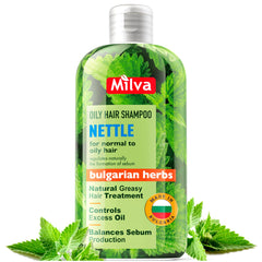 Milva Nettle Shampoo bottle front highlights oil control for oily roots.