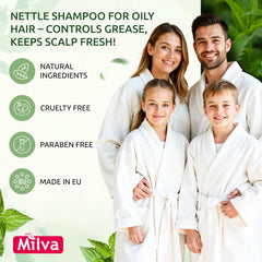 Milva Nettle Shampoo label closeup shows natural nettle ingredients for hair care.