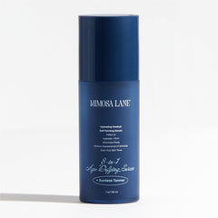 Mimosa Lane Self Tanner glow bottle 1oz showing natural, gradual tan.