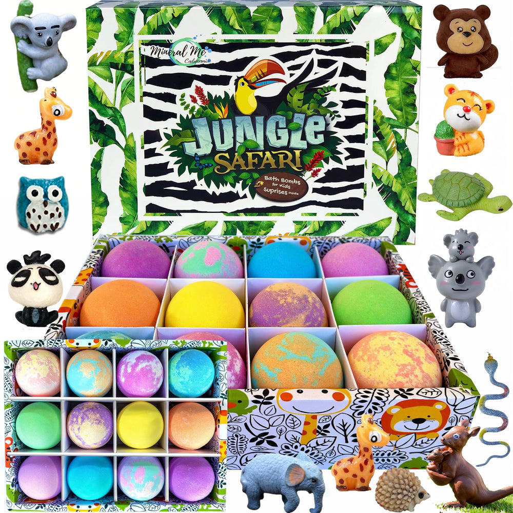 Mineral Me California bath bombs with animal toys inside for exciting bath time.