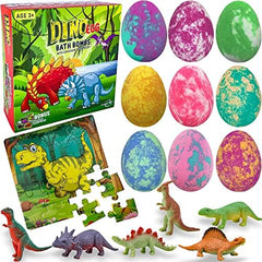Mineral Me California bath bombs with dinosaur eggs in colorful packaging for kids.