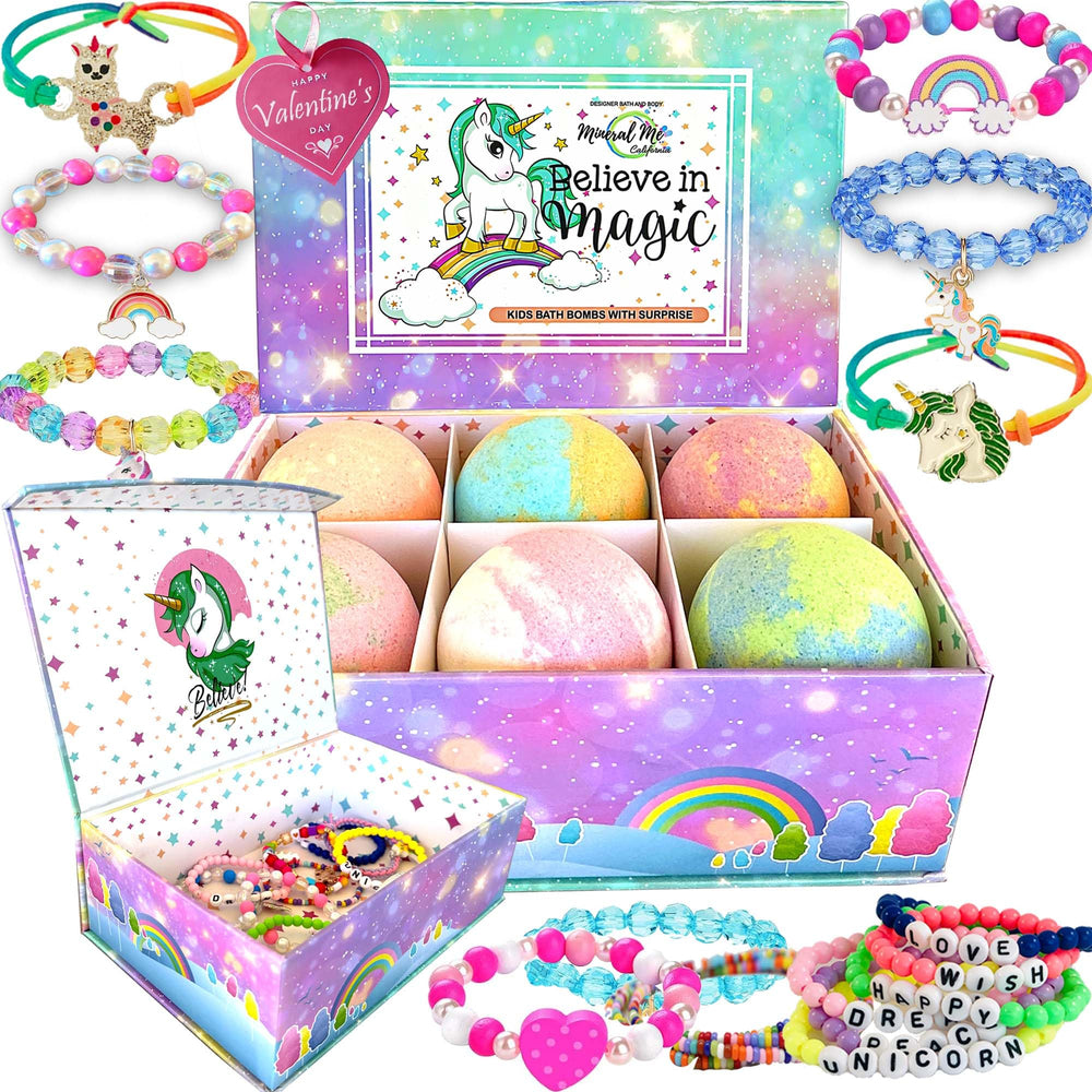 Mineral Me California unicorn bath bombs reveal jewelry inside for kids' baths.