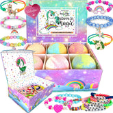 Mineral Me California unicorn bath bombs reveal jewelry inside for kids' baths.