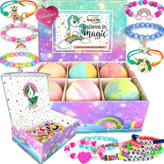Mineral Me California unicorn bath bombs reveal jewelry inside for kids' baths.