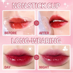 Miniling lip tint application close-up reveals dewy finish and smooth glide.
