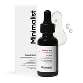 Minimalist 2 percent salicylic acid serum bottle showing a clear pore refining action for clearer pores and balanced oil.