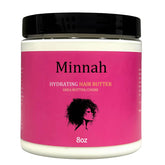 Minnah Hydrating Hair Butter jar front shows creamy texture for lasting moisture.