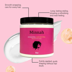 Minnah Hydrating Hair Butter texture swirl highlights a rich formula for frizz control.