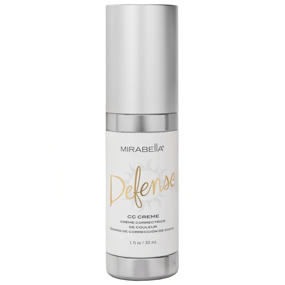 Mirabella Defense CC Creme bottle pour showing lightweight coverage for a natural look