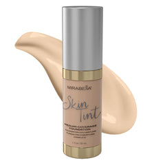 Mirabella Skin Tint Creme bottle closeup, oil-free formula for a natural look