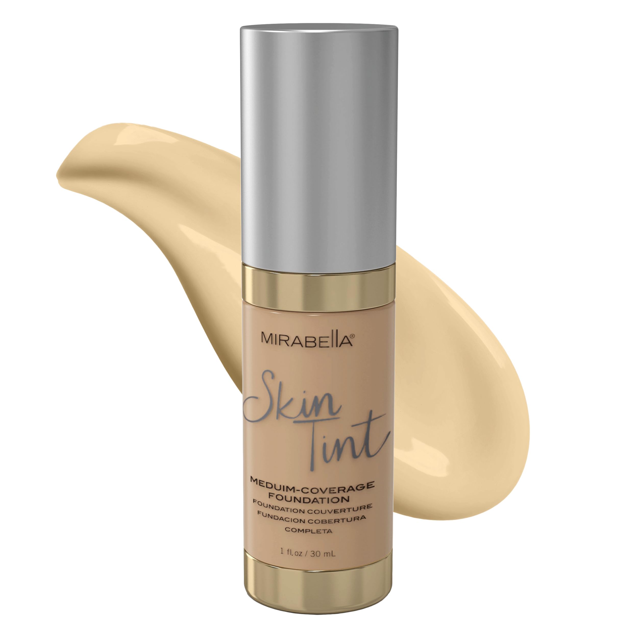 Mirabella Skin Tint Creme bottle pour shows light, oil-free texture for a natural look