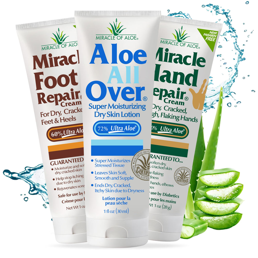 Miracle of Aloe Foot Repair tube in use, soothing tired feet.