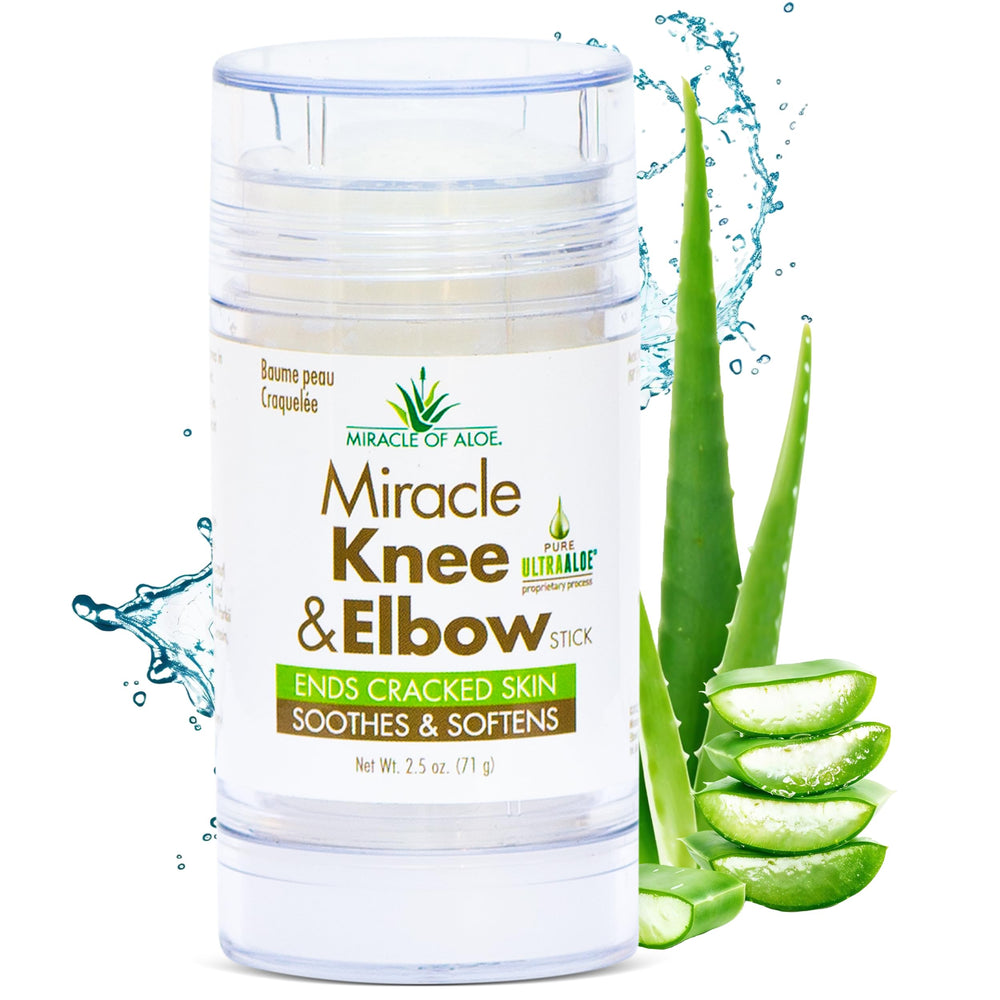 Miracle of Aloe knee elbow stick packaging shows portable dryness relief.