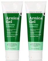 Miracle Plus Arnica Gel bottle shows quick-absorbing, non-greasy formula for bruises.