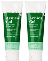 Miracle Plus Arnica Gel bottle shows quick-absorbing, non-greasy formula for bruises.