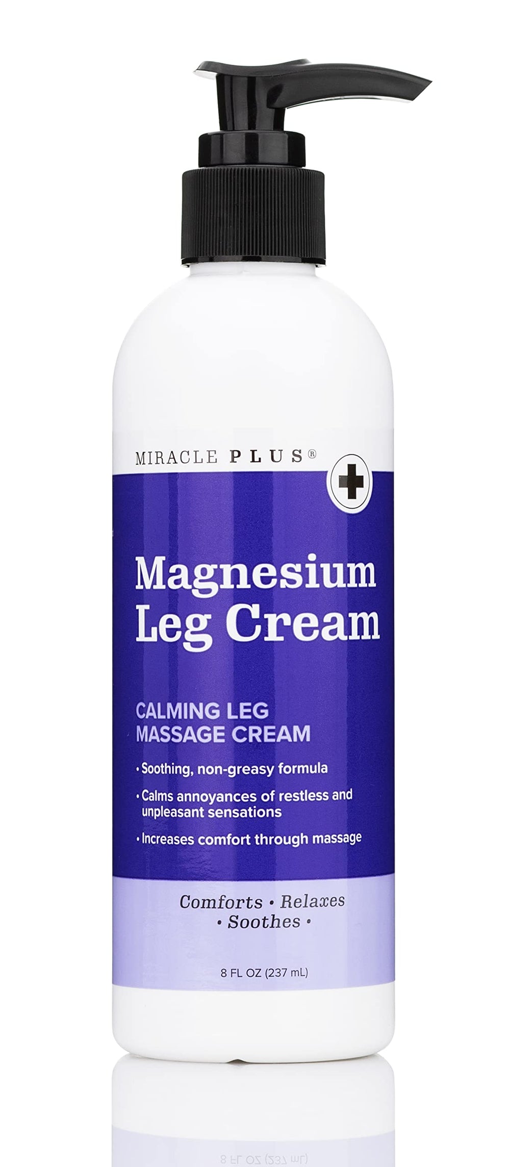 Miracle Plus Magnesium Cream leg relief bottle showing a soothing topical solution.
