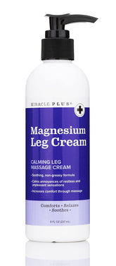 Miracle Plus Magnesium Cream leg relief bottle showing a soothing topical solution.