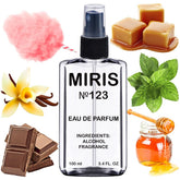 MIRIS No. 123 bottle front shows premium design for a refined fragrance.