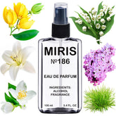 MIRIS No. 186 bottle front view, Diorissimo-inspired floral profile.