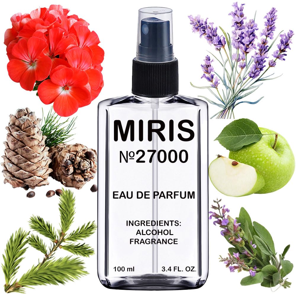 MIRIS No. 27000 bottle close-up highlighting long-lasting scent for all-day confidence.