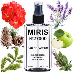 MIRIS No. 27000 bottle close-up highlighting long-lasting scent for all-day confidence.