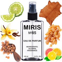 MIRIS No. 85 bottle front showcases elegant design and lasting fragrance promise.