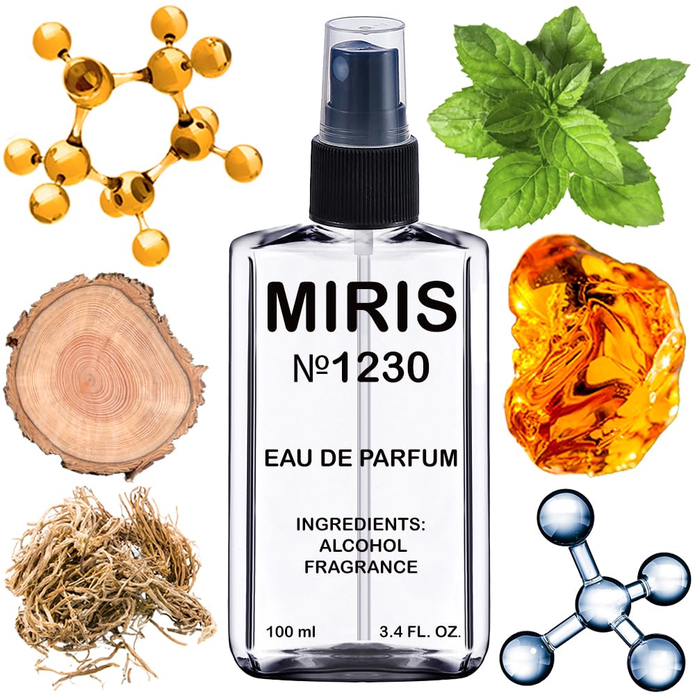 MIRIS No. 1230 bottle close-up emphasizing premium French oils for long-lasting scent