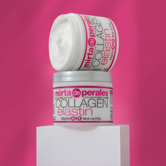 Mirta De Perales Collagen Elastin Cream jar closeup showing smooth, hydrating texture.