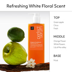 Mise En Scene Perfect Serum Original Conditioner delivers smooth glossy texture.