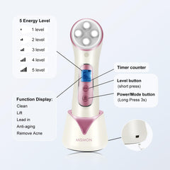MiSMON LED light therapy closeup showing multiple modes for daily skin care.