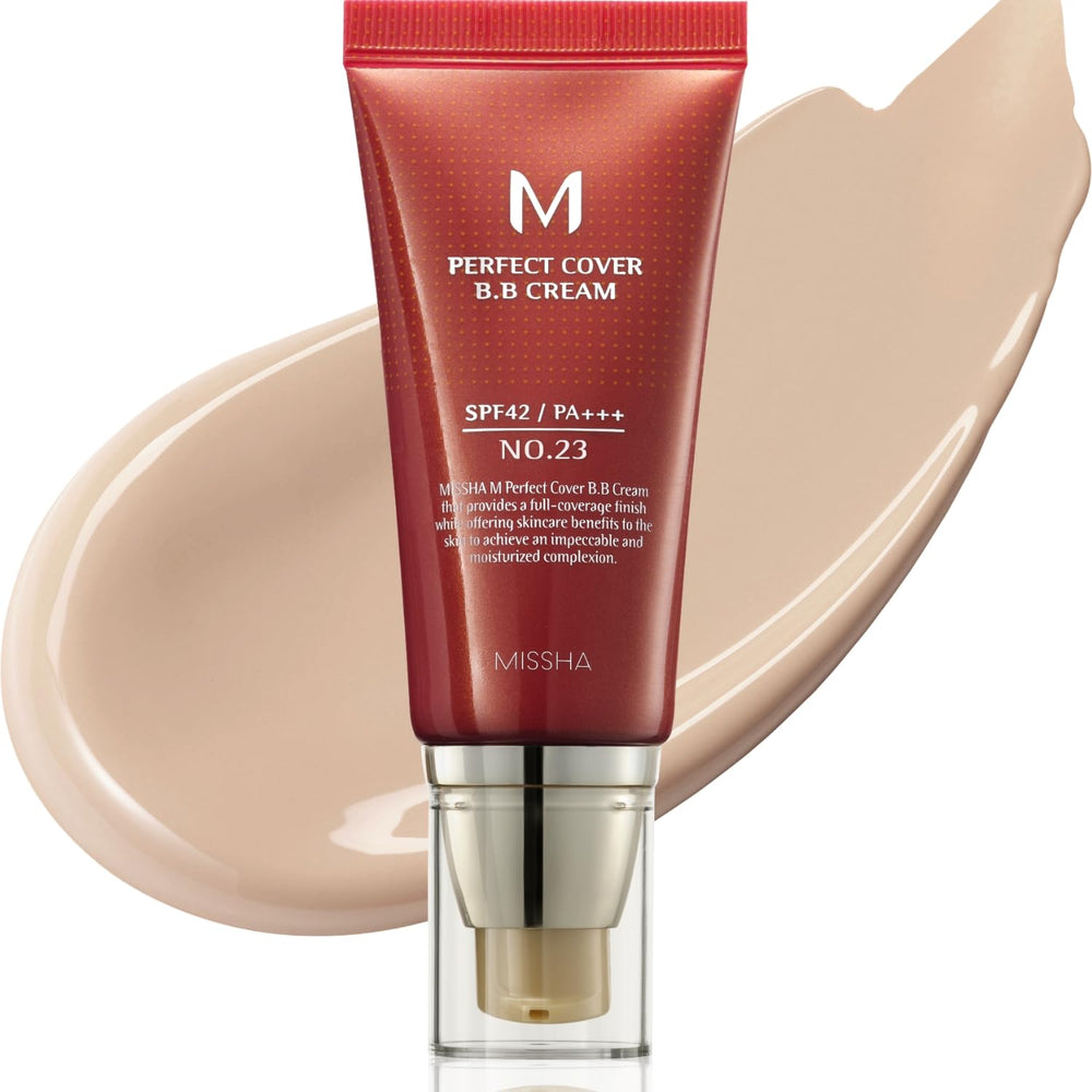 MISSHA M Perfect Cover BB Cream No.23 bottle with SPF 42 provides sun protection.