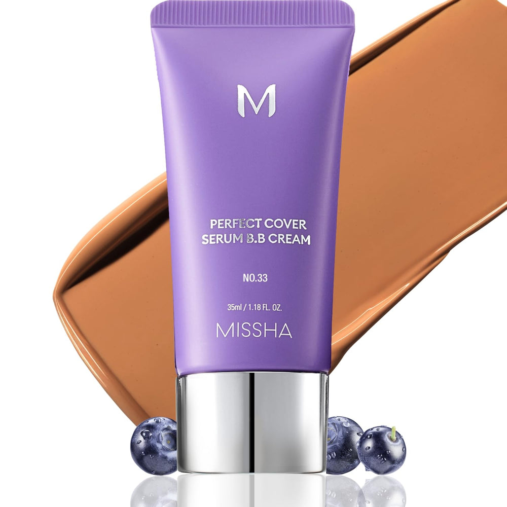 MISSHA M Perfect Cover Serum BB Cream No.33 Tan bottle pump for easy, buildable coverage.