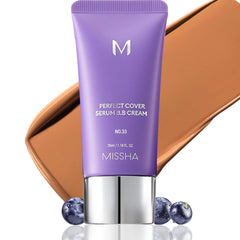 MISSHA M Perfect Cover Serum BB Cream No.33 Tan bottle pump for easy, buildable coverage.