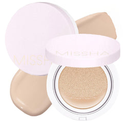 MISSHA Magic Cushion No.21 front view shows natural glow with light beige shade.