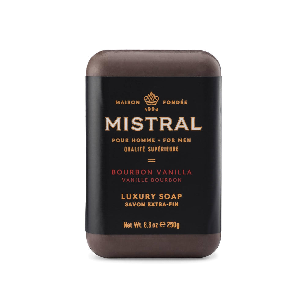 Mistral Bourbon Vanilla bar soap packaging suggests a premium daily grooming ritual