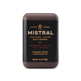 Mistral Bourbon Vanilla bar soap packaging suggests a premium daily grooming ritual