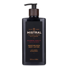 Mistral Bourbon Vanilla body lotion bottle with hydrating formula for daily use.