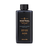 Mistral Cedarwood Marine bottle on the bathroom shelf with refreshing scent.